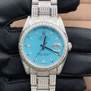 Rolex Sky Blue Dial Iced Out Moissanite Diamond Watch