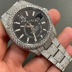 Rolex Skydweller Black Dial Iced Out Moissanite Diamond Watch