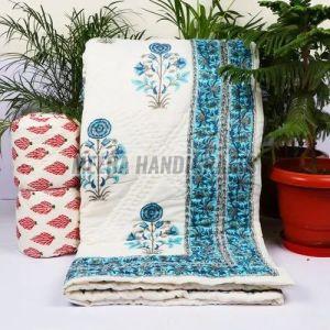 Blue Floral Printed Cotton Handmade Kantha Quilt