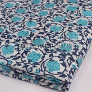 Floral Sky Blue Hand Block Printed Cotton Fabric