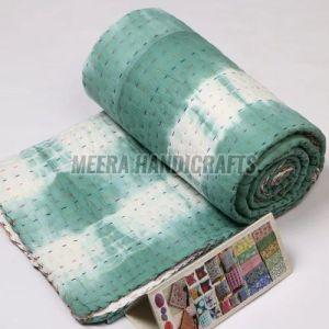 Green And White Cotton Handmade Kantha Quilt