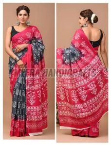 Ladies Black And Pink Cotton Hand Block Printed Saree