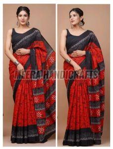 Ladies Black And Red Cotton Hand Block Printed Saree
