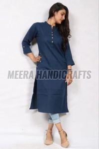 Ladies Blue Cotton Plain Kurti