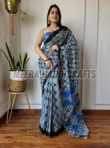 Ladies Blue Printed Cotton Saree