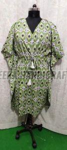 Ladies Casual Wear Green Cotton Printed Kaftan