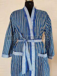 Ladies Cotton Blue White Striped Bathrobe