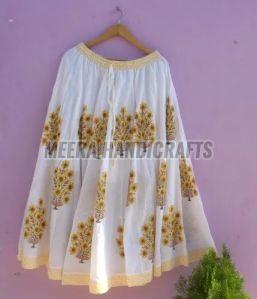 Ladies Cotton Yellow Floral Hand Block Printed Long Skirt