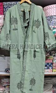 Ladies Green Palm Tree Printed Cotton Bathrobe