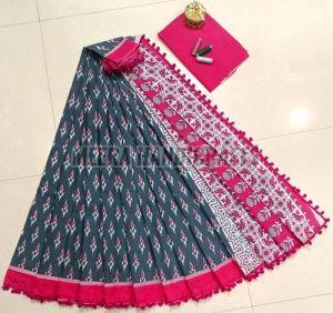 Ladies Grey And Pink Hand Block Printed Cotton Saree