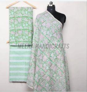 Ladies Light Pink and Green Hand Block Printed Suit Material