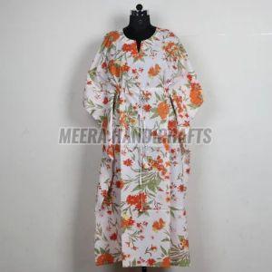 Ladies Orange Floral Hand Block Printed Kaftan