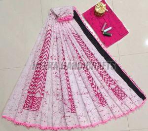Ladies Pink And White Hand Block Printed Cotton Saree