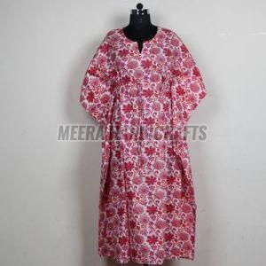 Ladies Pink Floral Hand Block Printed Cotton Kaftan