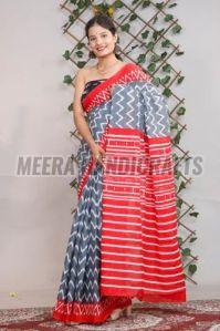 Ladies Red and Grey Block Printed Cotton Saree