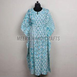 Ladies Sky Blue Floral Hand Block Printed Cotton Kaftan