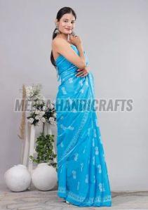 Ladies Sky Blue Printed Cotton Saree