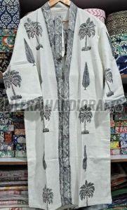 Ladies White And Black Palm Tree Printed Cotton Bathrobe