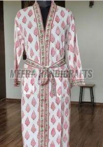 Ladies White And Pink Printed Cotton Bathrobe