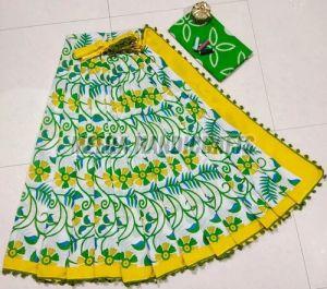 Ladies Yellow And Green Hand Block Printed Cotton Saree