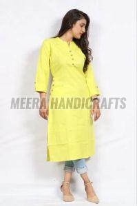 Ladies Yellow Plain Cotton Kurti