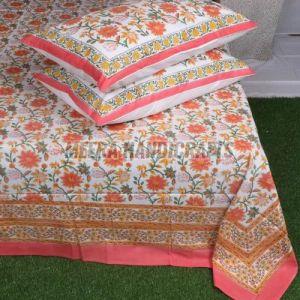 Orange Floral Printed Double Bed Sheet Set