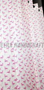 Pink Hand Block Bird Print Cotton Curtain