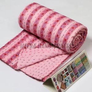 Printed Pink Cotton Handmade Kantha Quilt