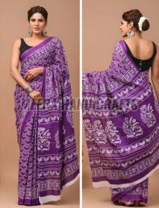 Ladies Purple Cotton Hand Block Printed Saree
