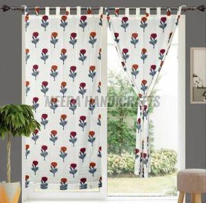 Red Cotton Rose Print Designer Window Curtain