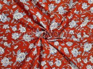 Red Floral Hand Block Print Cotton Fabric