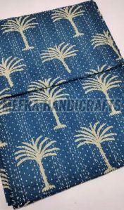 Royal Blue Palm Tree Printed Cotton Handmade Kantha Quilt
