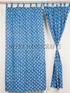 Sky Blue Cotton Block Printed Curtain