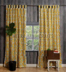 White Cotton Yellow Flower Printed Curtain