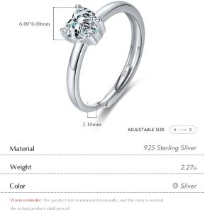 925 Sterling Silver Heart Shape Rhodium Plated Open Rings