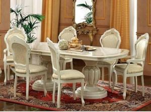 6 Seater White Teak Wood Dining Table Set