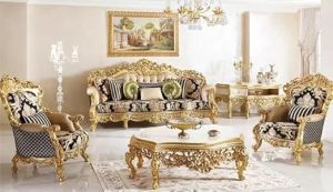 3 Seater Golden Solid Wooden Sofa Set