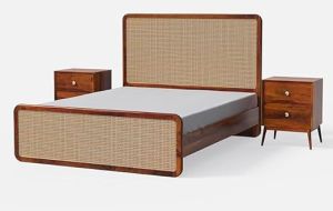Solid Wooden Rattan Queen Size Bed