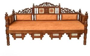 3 Seater Oak Brown Solid Wooden Hand Carved Sofa