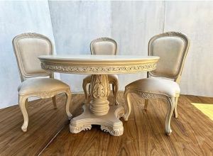 3 Seater White Solid Teak Wood Dining Table