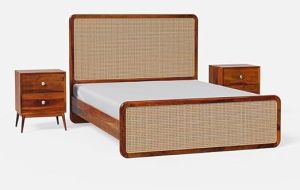 Solid Wooden Rattan Queen Size Bed