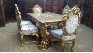 6 Seater Golden Solid Wooden Dining Table Set