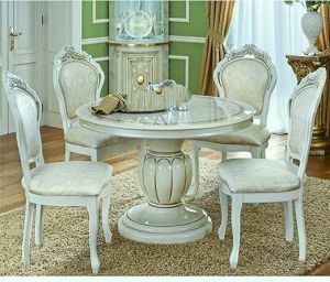 4 Seater White Solid Teak Wooden Carving Dining Table Set