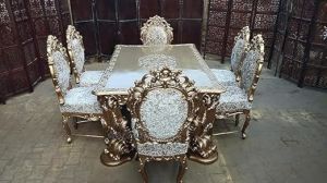 6 Seater Golden Solid Wooden Dining Table Set