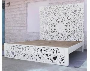 White Solid Wooden Handcarved King Size Bed