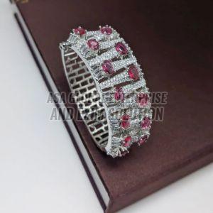 Ladies Round Pink Stone Brass Bracelet