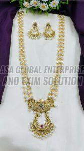 Traditional Brass Long Pearl Necklace Set