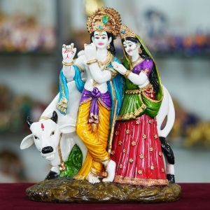 25cm Radha Krishna with Cow Resin Sculpture Marble Statue