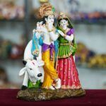 25cm Radha Krishna with Cow Resin Sculpture Marble Statue