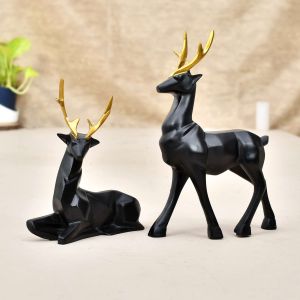 20cm Polyresin Handcrafted Black Matte Lucky Deer Family Showpiece